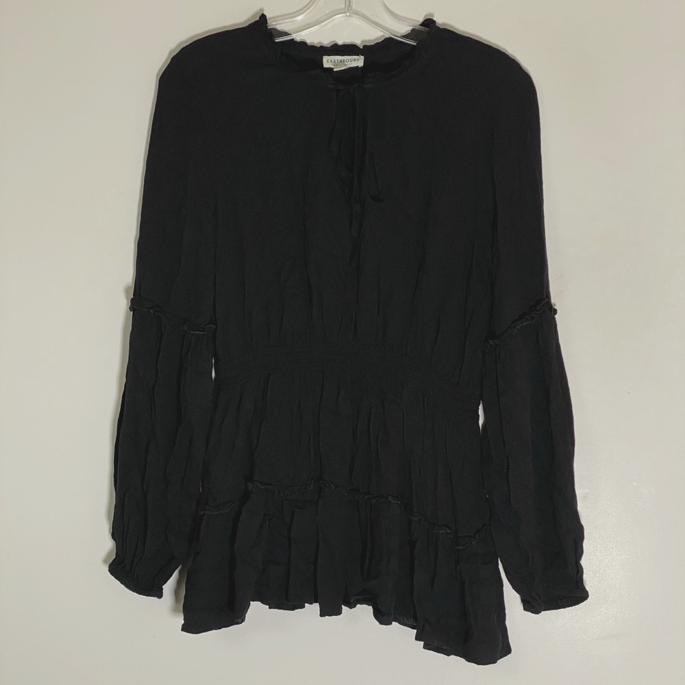 Earthbound Trading Co Top Womens Large Black Blouse Tiered Ruffle Whimsy Dainty